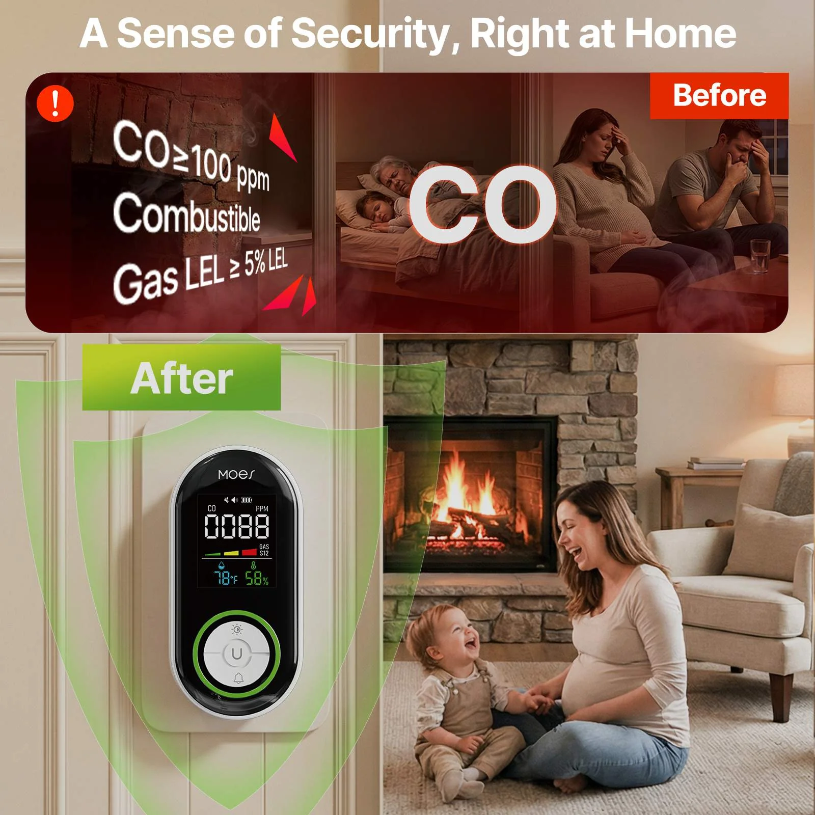 2nd Gen 4-in-1 Plug-in CO & Natural Gas Detector with LCD Display, Temp Humidity Monitor, Battery Backup(Non-Smart) 2