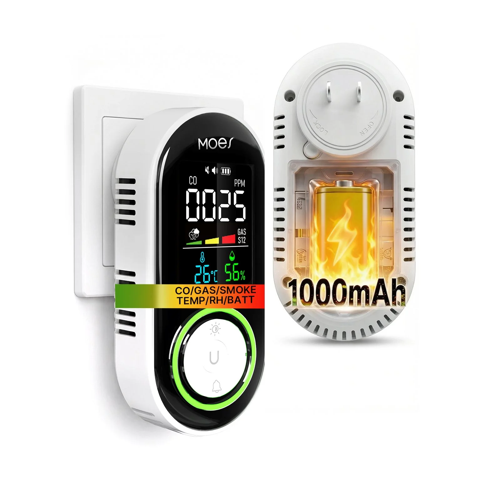5-in-1 Plug-in CO Gas & Smoke Detector with LCD Temp Humidity Monitor, Battery Backup(Non-Smart)