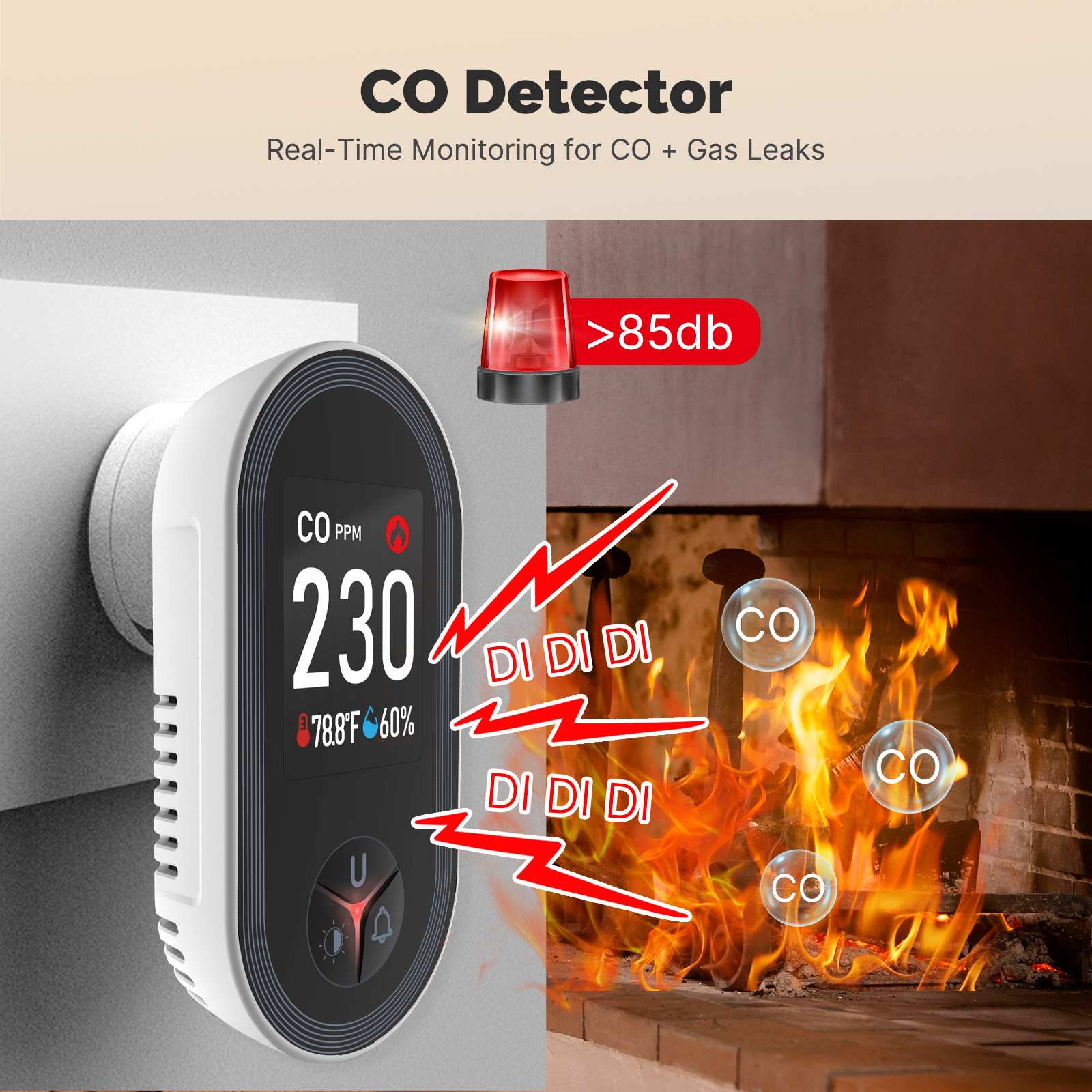 Carbon Monoxide Detector Plug-in 3-in-1 Display with Temperature Humidity Sensor Built-in CO Monitor Alarm Sound Warning(Non-Smart) 3