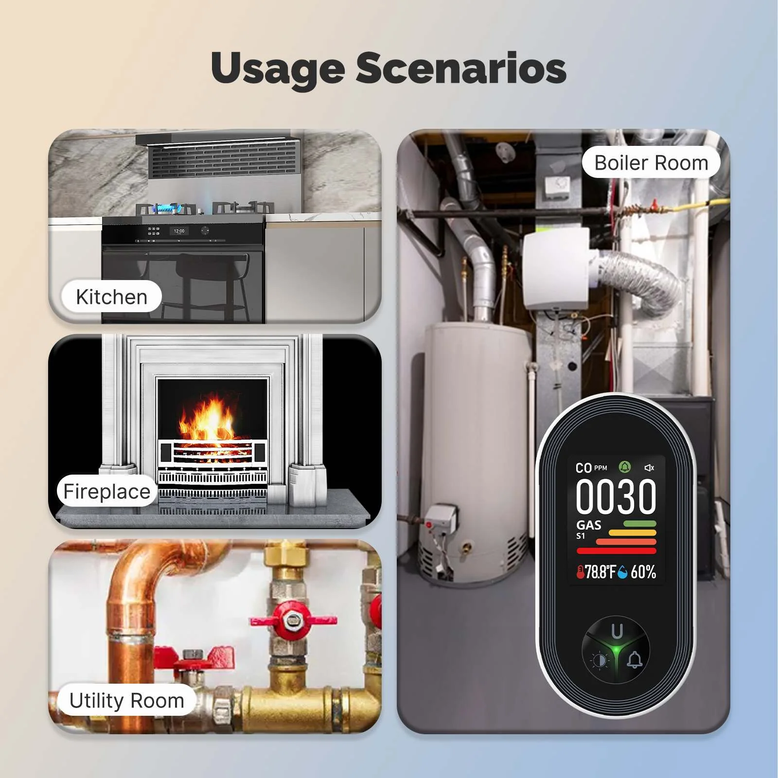 Carbon Monoxide & Natural Gas Detector Plug in, 4 in 1 Temperature Humidity Sensor Built-in Alarm Sound Warning(Non-Smart) 5