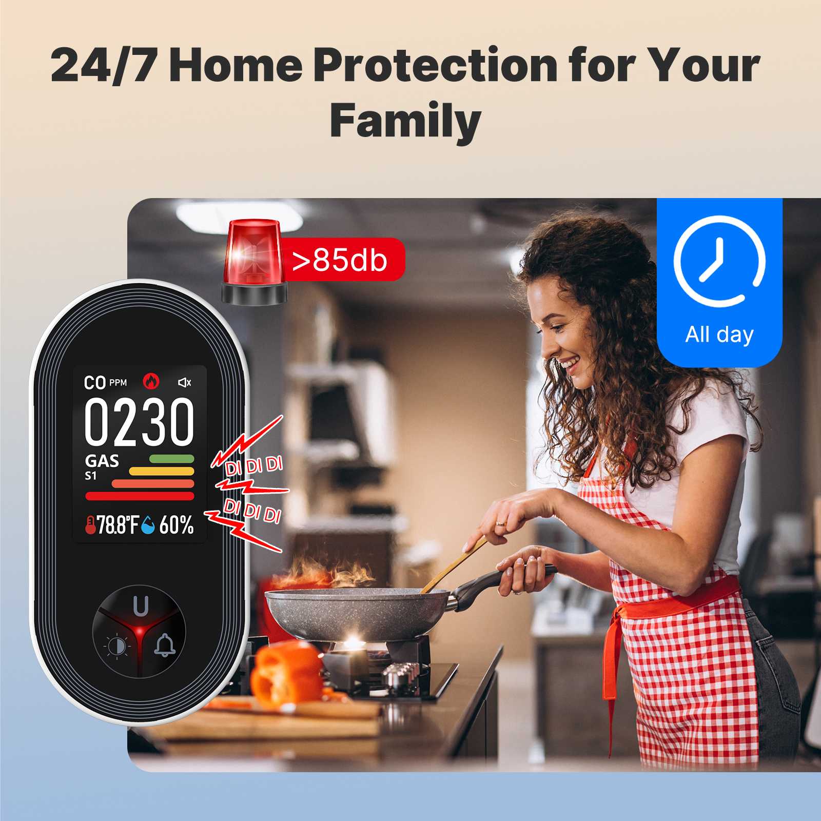Carbon Monoxide & Natural Gas Detector Plug in, 4 in 1 Temperature Humidity Sensor Built-in Alarm Sound Warning(Non-Smart) 6