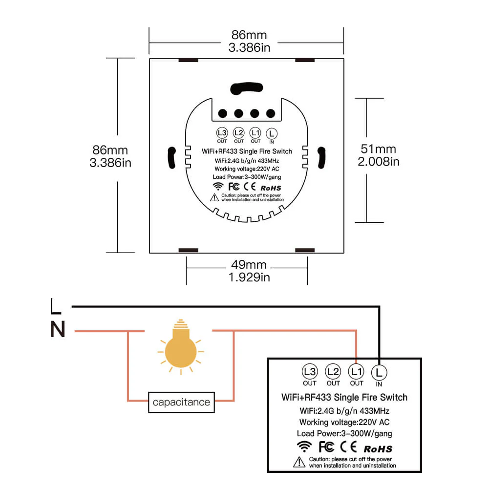 WiFi RF433 Smart Light Wall Touch Switch Single Pole 220V No Neutral Wire EU Standard 6