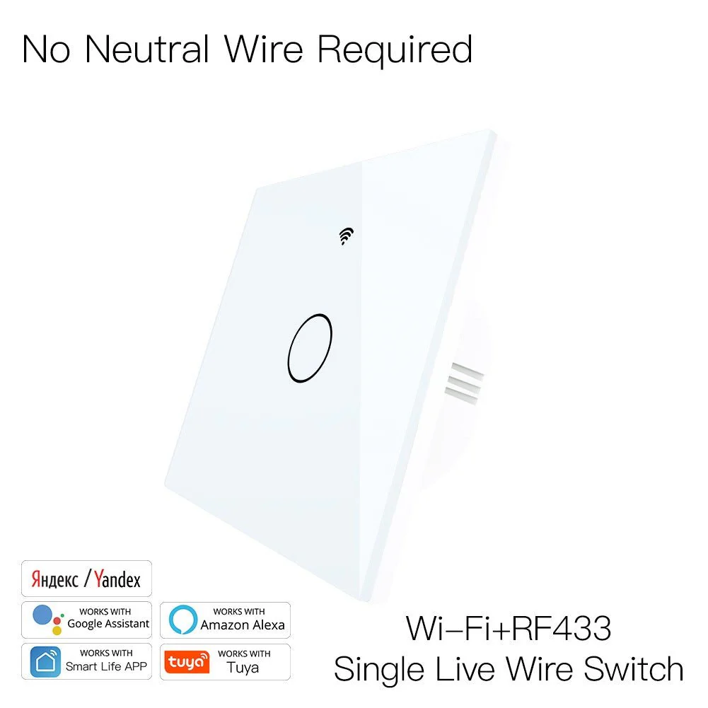 WiFi RF433 Smart Light Wall Touch Switch Single Pole 220V No Neutral Wire EU Standard 8