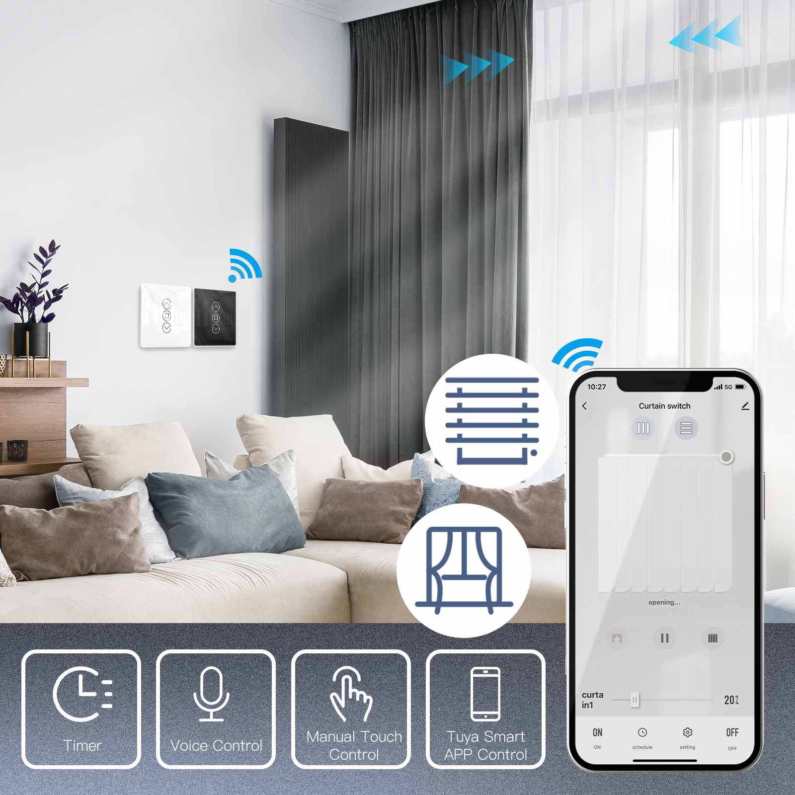 MOES WiFi Curtain Switch Smart 2.5D Arc Glass Touch Panel for Roller Blinds Shutters 2