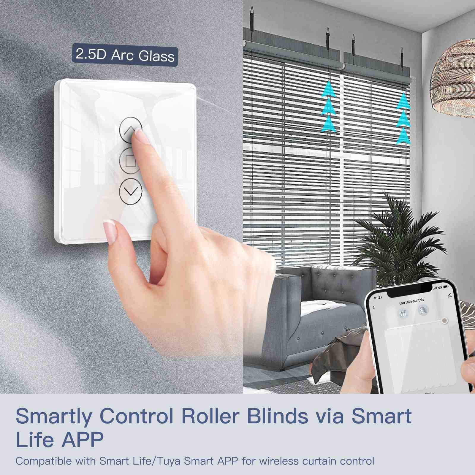 MOES WiFi Curtain Switch Smart 2.5D Arc Glass Touch Panel for Roller Blinds Shutters 3