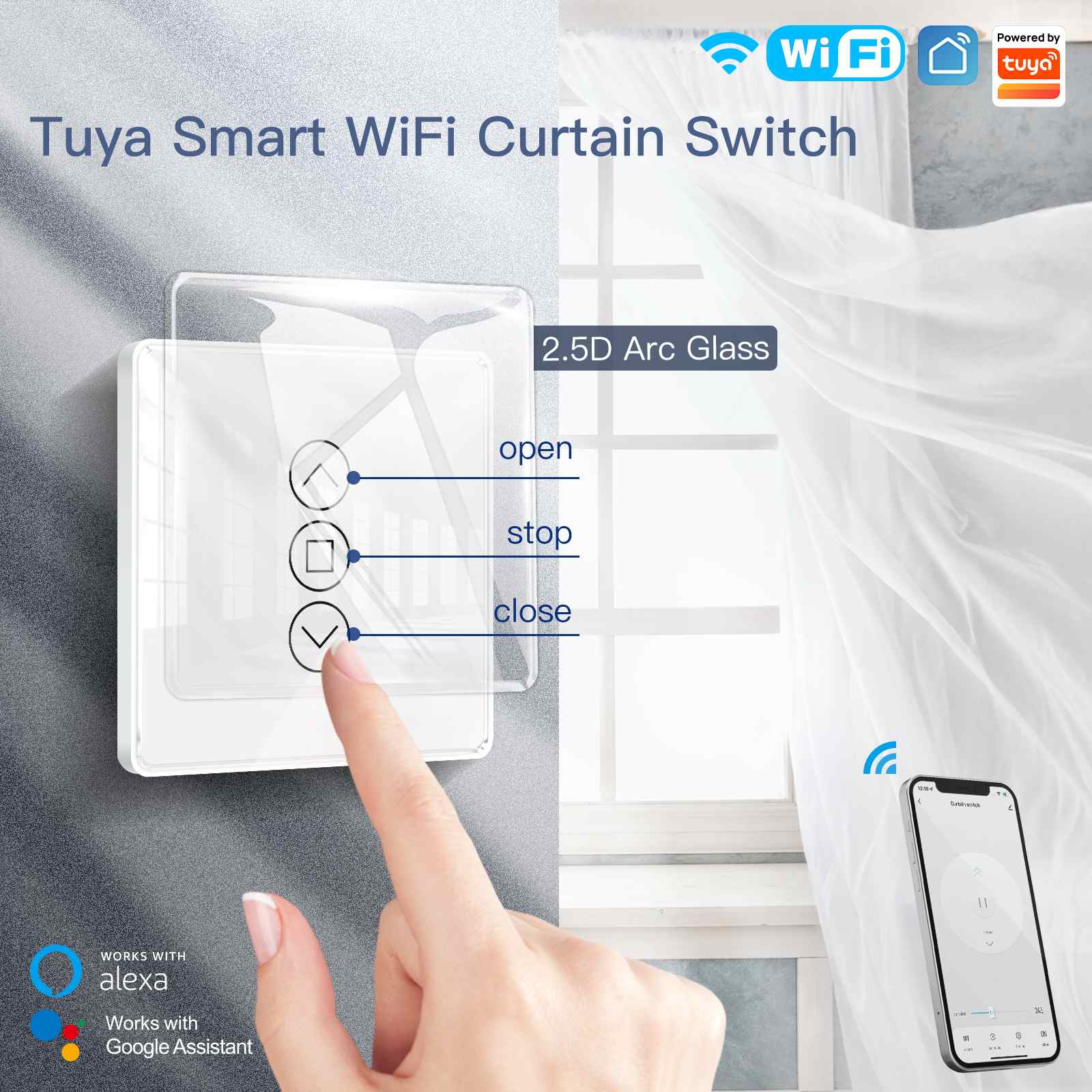 MOES WiFi Curtain Switch Smart 2.5D Arc Glass Touch Panel for Roller Blinds Shutters 6