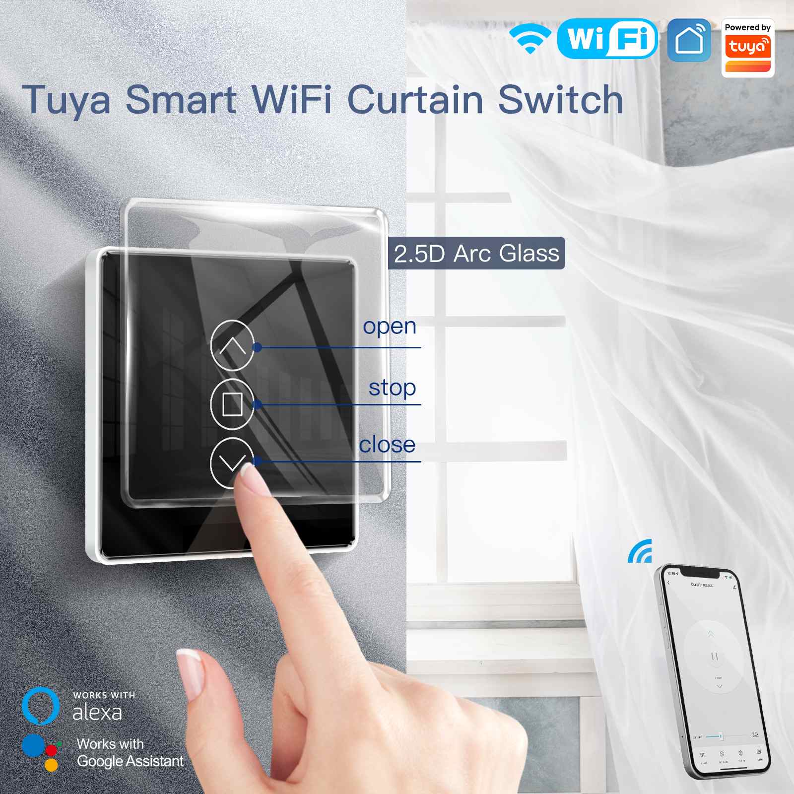 MOES WiFi Curtain Switch Smart 2.5D Arc Glass Touch Panel for Roller Blinds Shutters 7