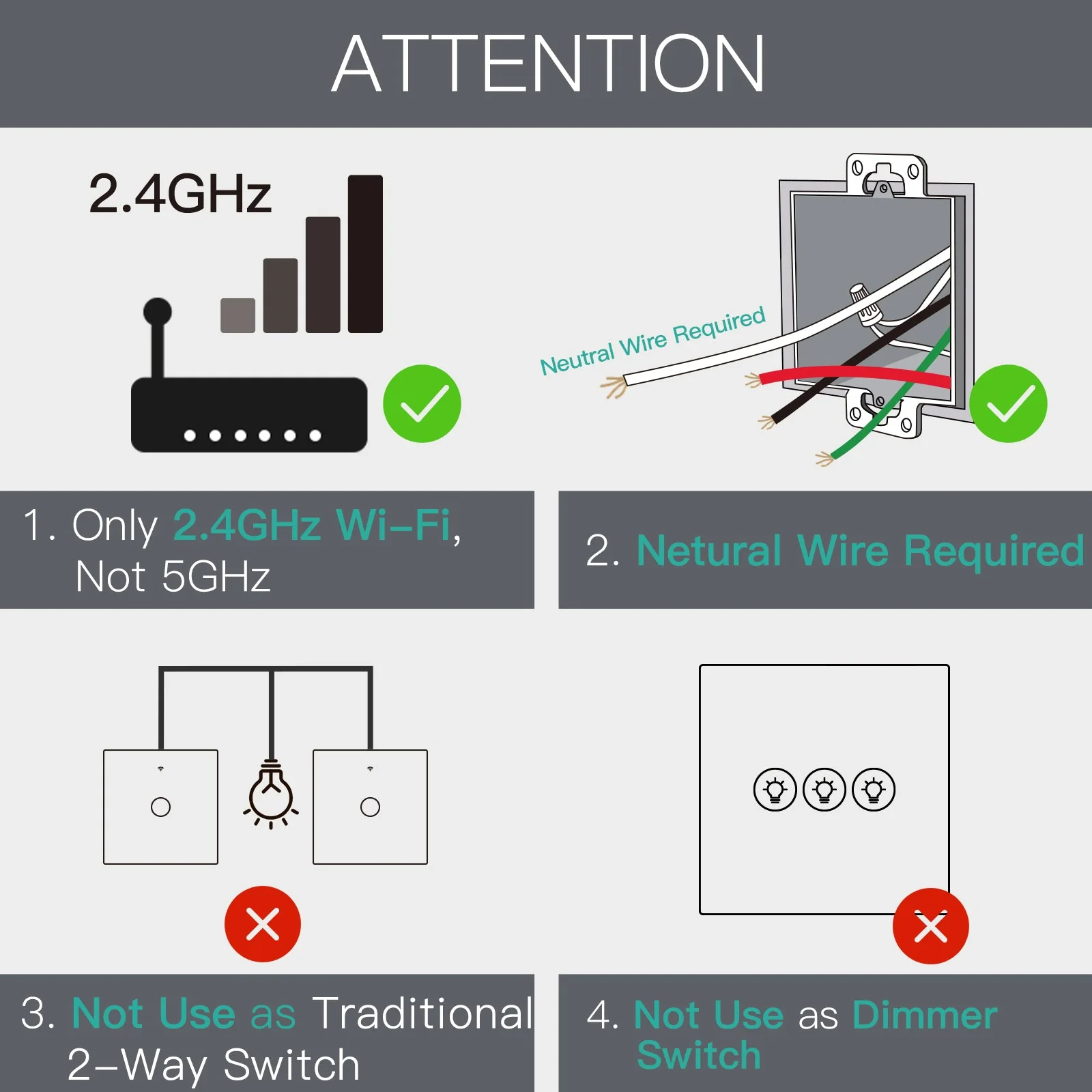 WiFi RF433 Smart Touch Light Switch 1/2/3/4 Gang 2 Way Multi-Control Neutral Wire Required EU 2