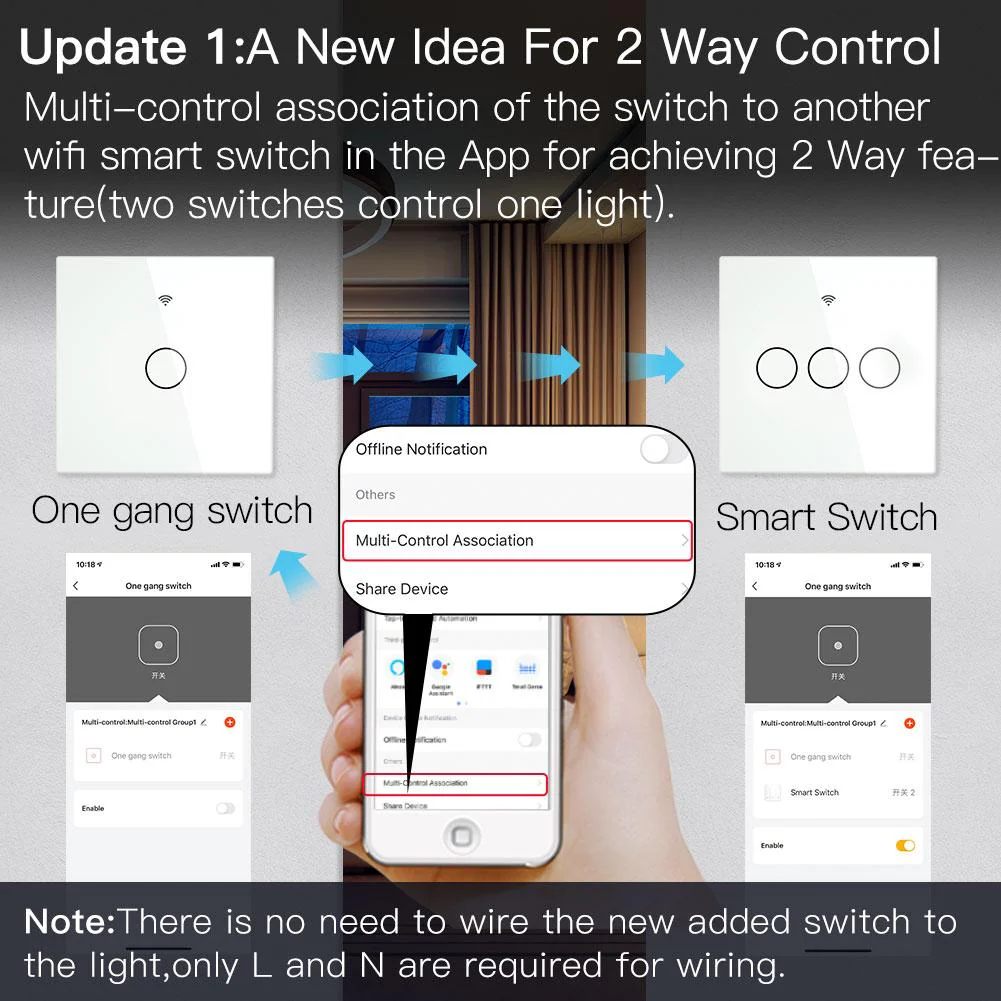 WiFi RF433 Smart Touch Light Switch 1/2/3/4 Gang 2 Way Multi-Control Neutral Wire Required EU 3