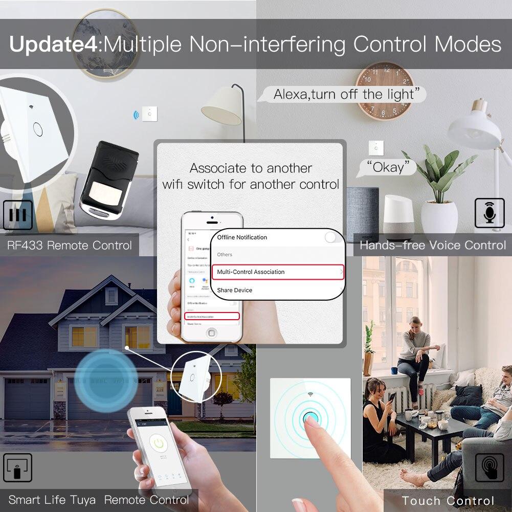 WiFi RF433 Smart Touch Light Switch 1/2/3/4 Gang 2 Way Multi-Control Neutral Wire Required EU 6