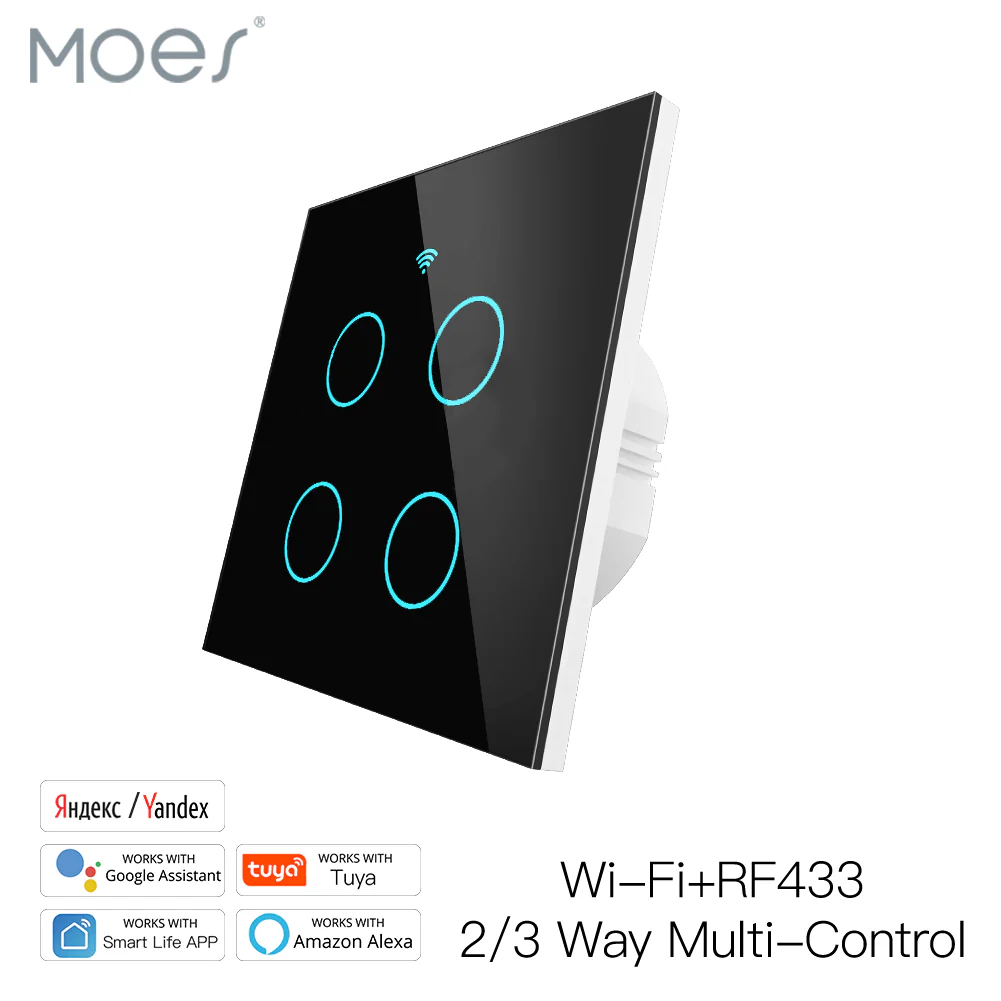WiFi RF433 Smart Touch Light Switch 1/2/3/4 Gang 2 Way Multi-Control Neutral Wire Required EU 13