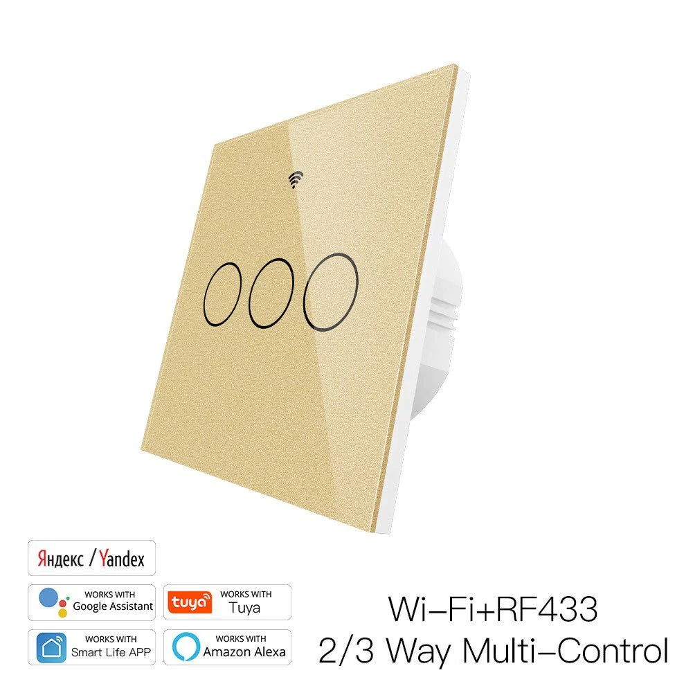 WiFi RF433 Smart Touch Light Switch 1/2/3/4 Gang 2 Way Multi-Control Neutral Wire Required EU 16