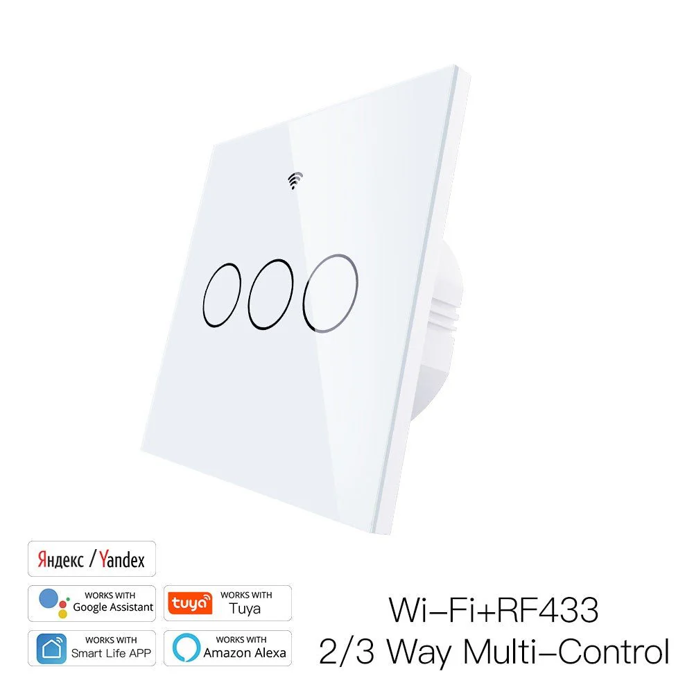 WiFi RF433 Smart Touch Light Switch 1/2/3/4 Gang 2 Way Multi-Control Neutral Wire Required EU 19
