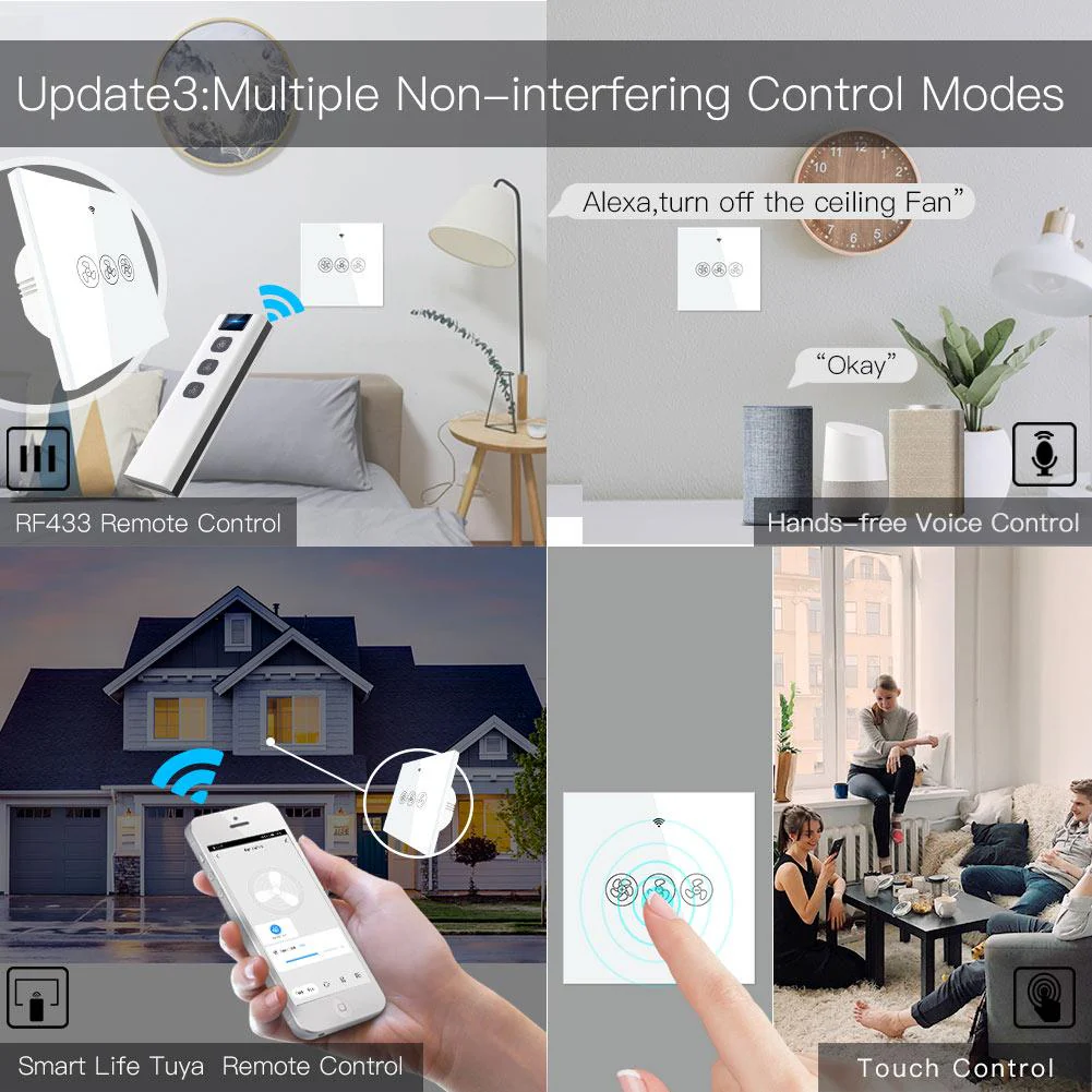 WiFi RF433 Smart Ceiling Fan Touch Switch Single Pole Neutral Wire Required EU 4