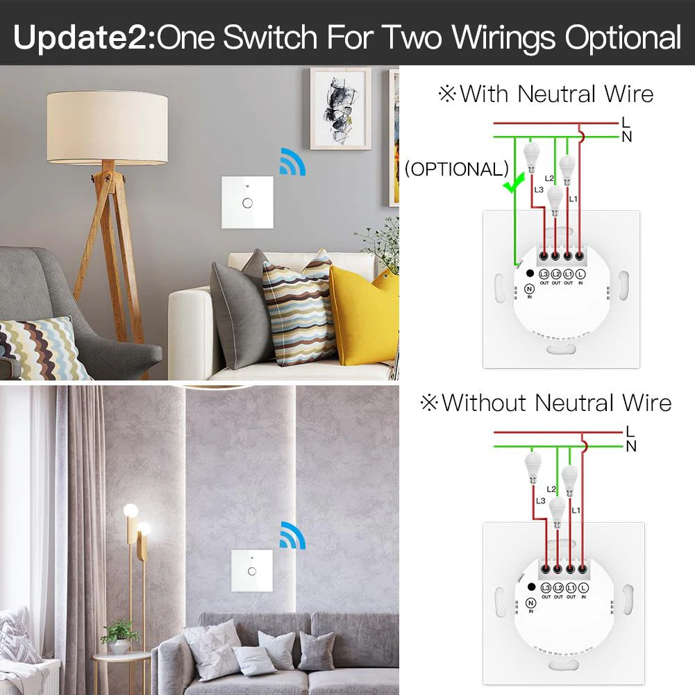 ZigBee 2 Way Light Switch, Touch Multi-Control Switch, Neutral Wire Optional, No Capacitor EU 3