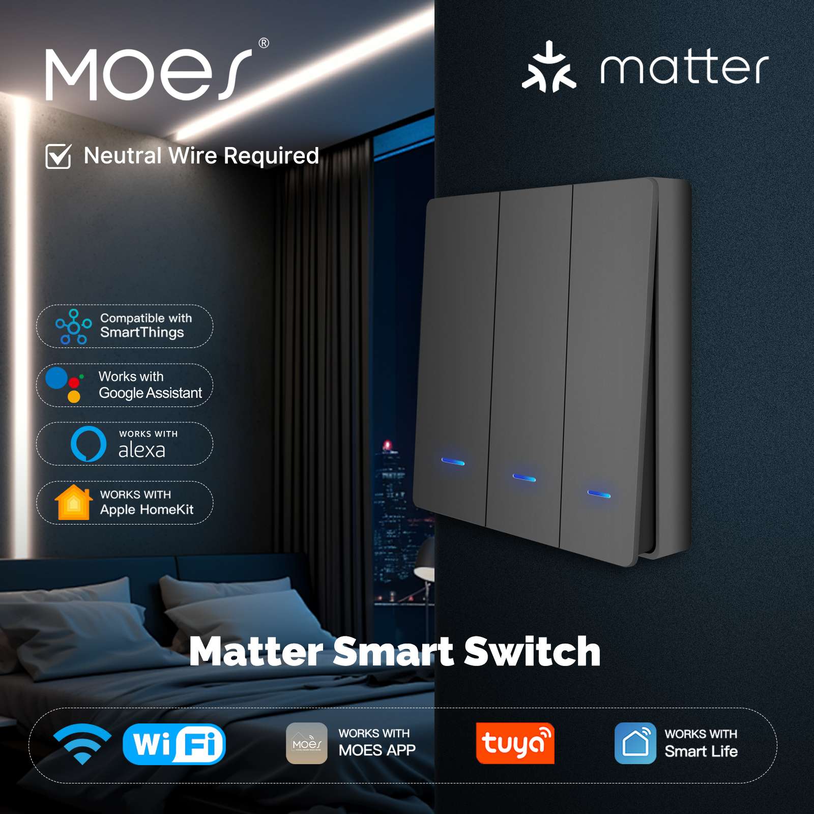 Matter WiFi Smart Push Button Light Switch App Control Neutral Wire Required EU Version 2