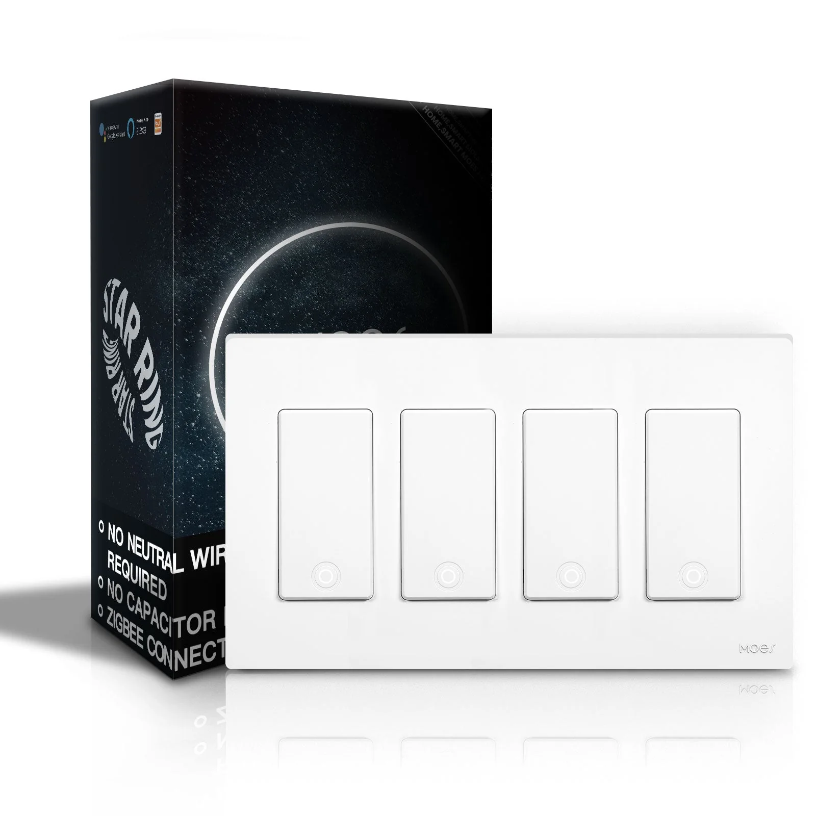 MOES Star Ring ZigBee Smart Light Switch Single Pole, No Neutral Required, No Capacitor 12