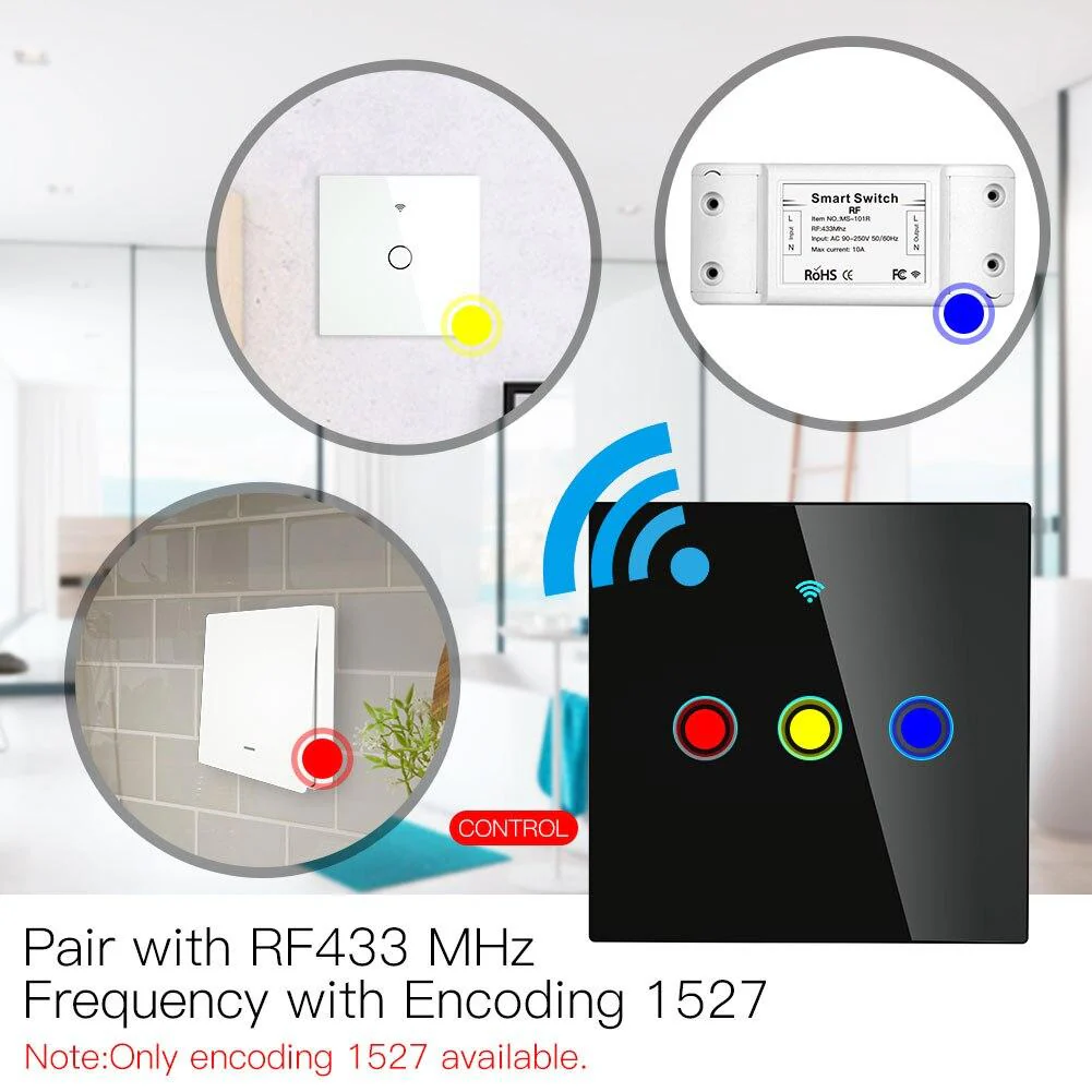 RF433 Smart Wirelesss Wall Glass Panel Transmitter Touch Switch Multi-control Remote EU 3