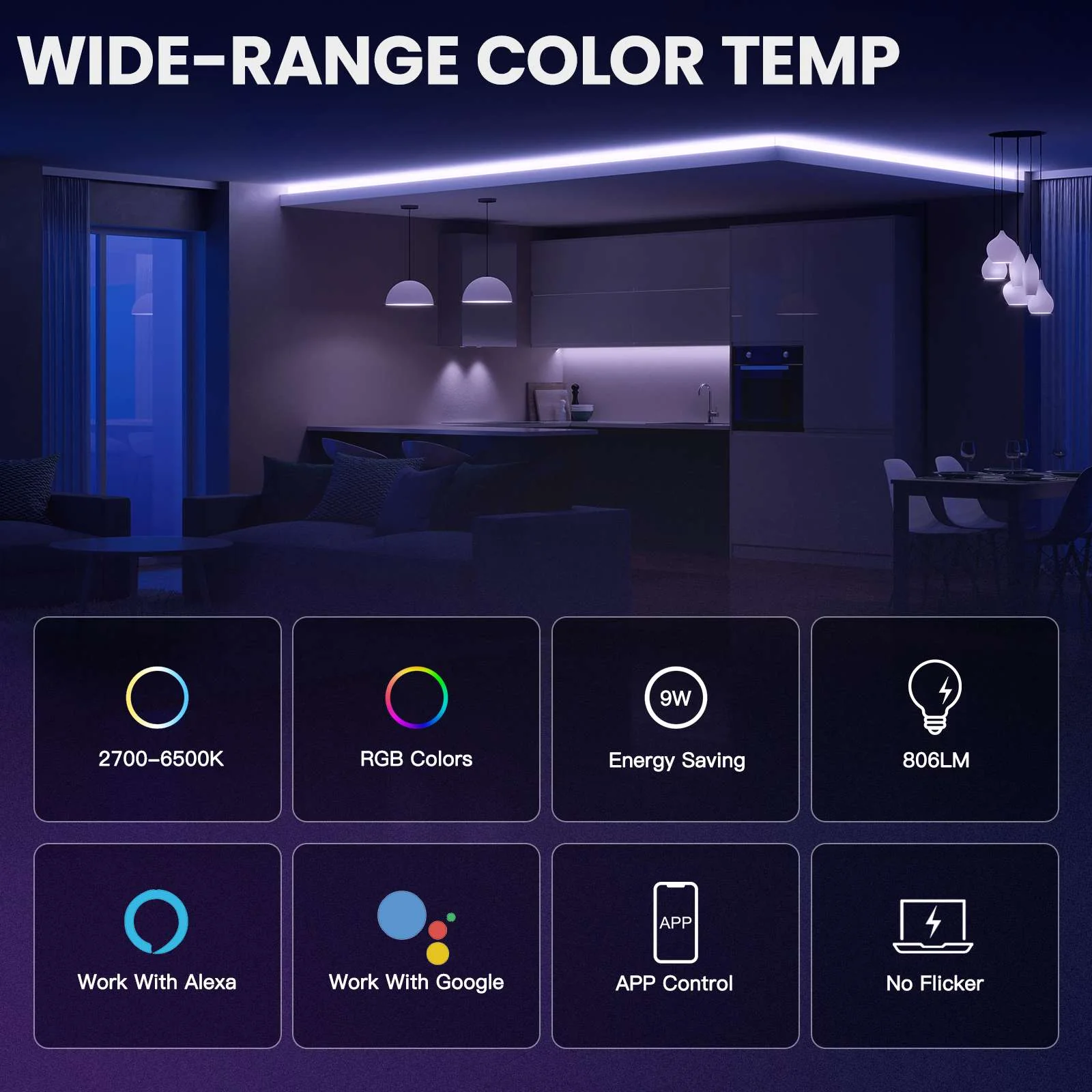 Smart Ble Led Bulb Dimmable Light 9W E27 Bulbs Color Adjustable Works With Alexa 2