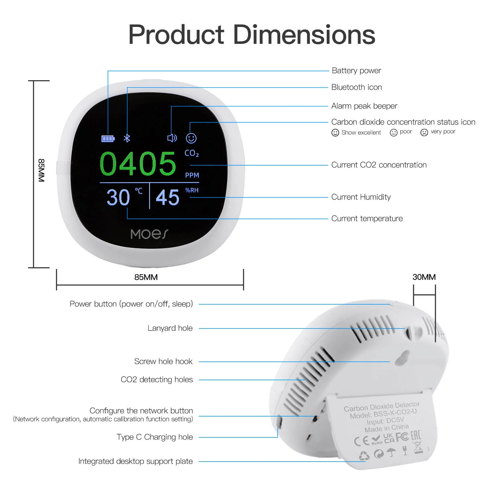 MOES BLE Smart Carbon Dioxide Tester Portable CO2 Temp Humi Air Quality Monitor 8