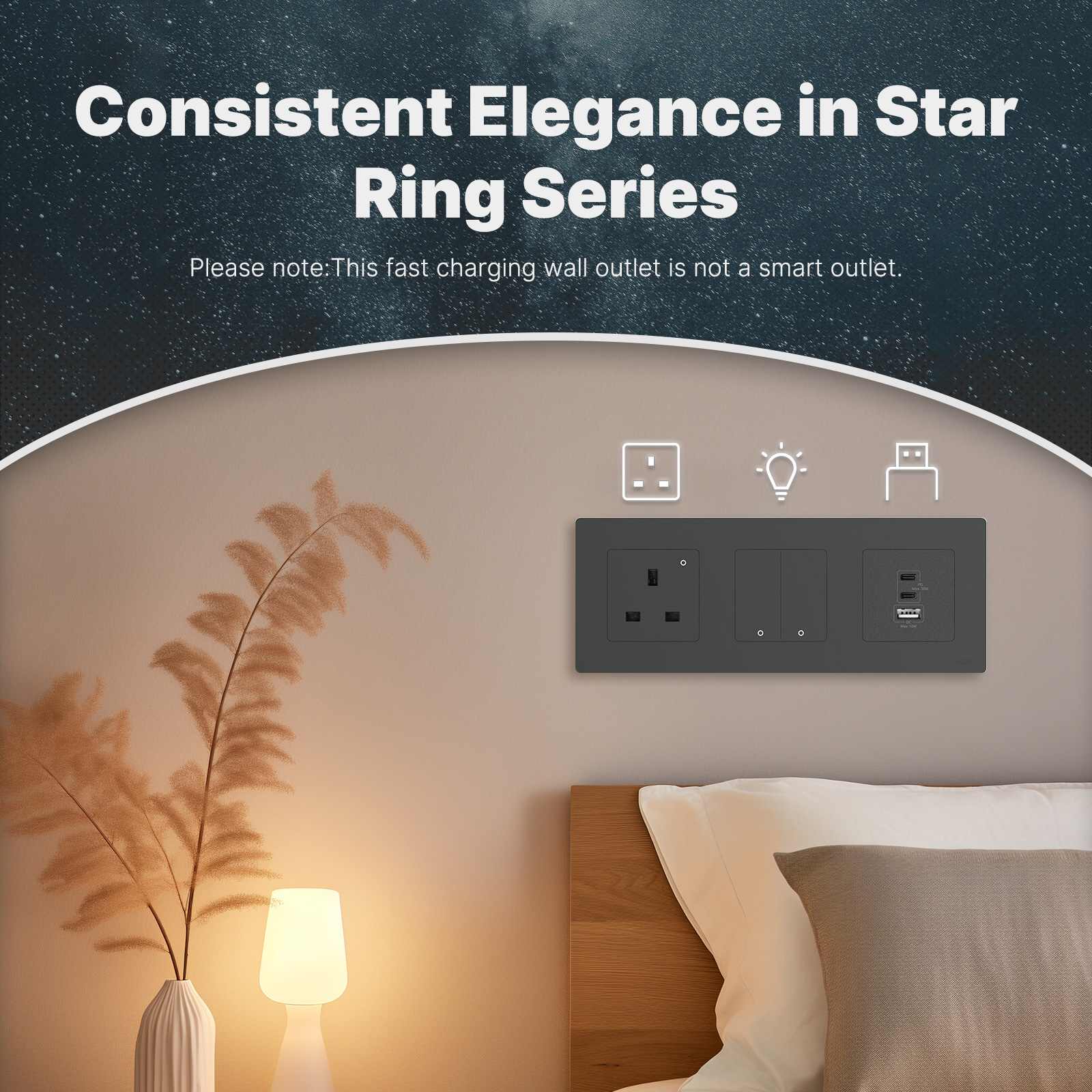 Star Ring 30W/65W Fast Charging PD3.0 Wall Electrical Outlet Charger GaN Socket 3 Ports Type C USB A 4