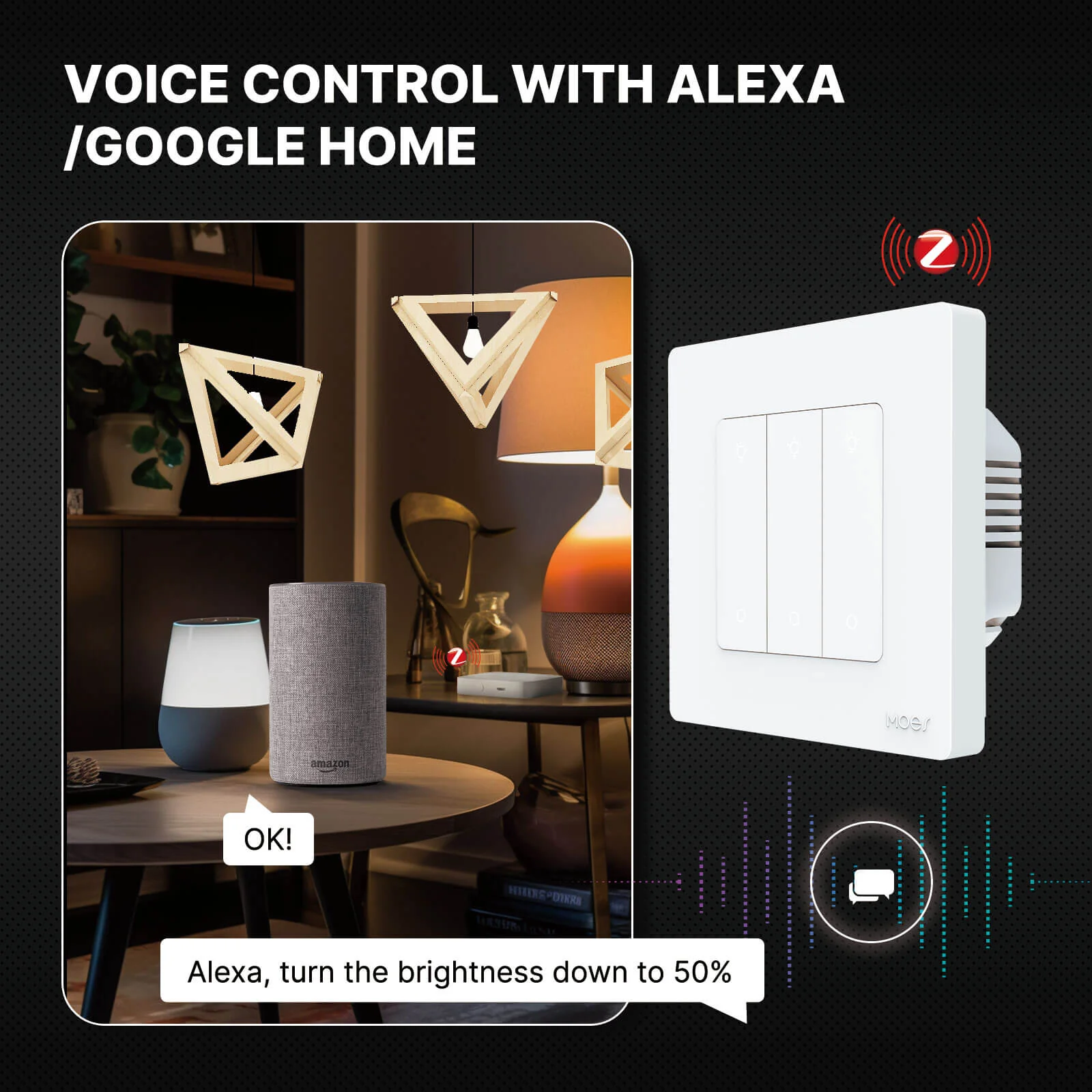 MOES Star Ring ZigBee Smart Dimmer Switch for Light Dimming Work with Alexa Google Home Dimmable 1-3Gang 5