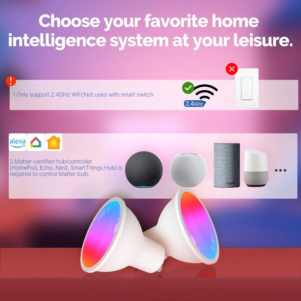 Tuya GU10 Matter WiFi Smart LED Bulb with Voice Control, Dimmable 5W Light 2700-6500K RGB Colors 2