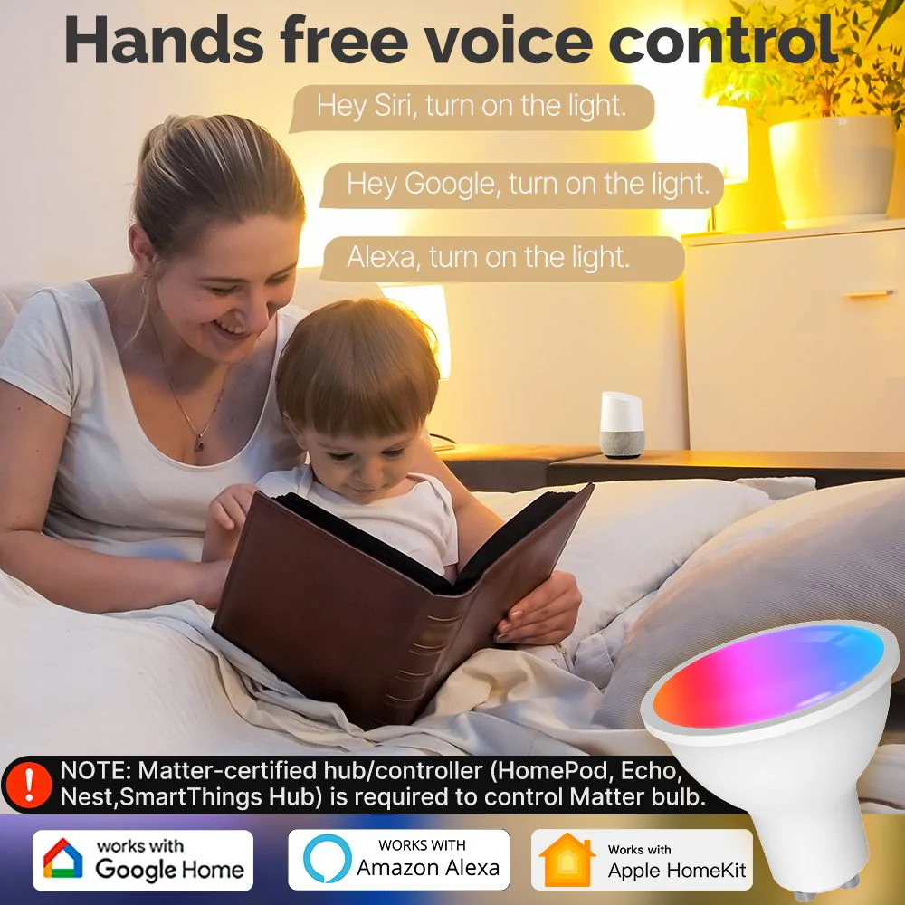 Tuya GU10 Matter WiFi Smart LED Bulb with Voice Control, Dimmable 5W Light 2700-6500K RGB Colors 3