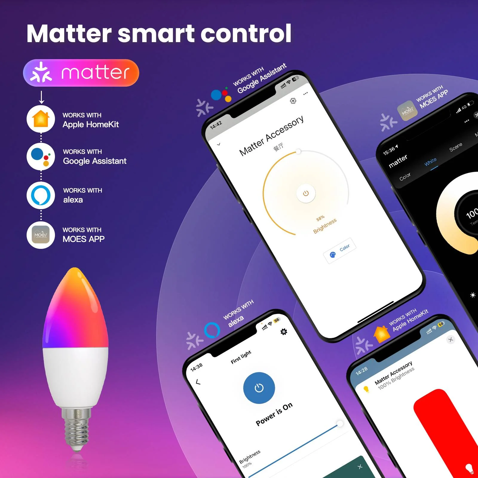 Tuya Matter WiFi Smart LED E14 Dimmable Light Bulbs 2700-6500K+RGB 2