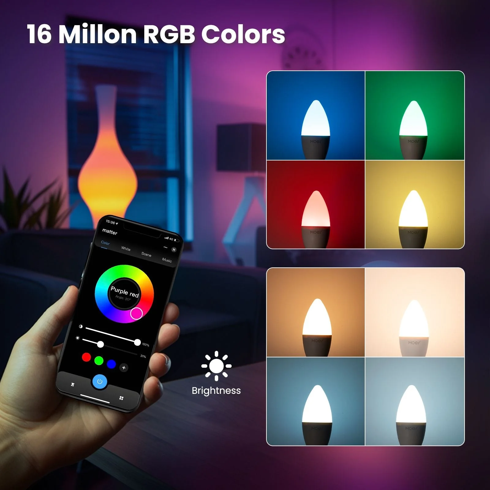 Tuya Matter WiFi Smart LED E14 Dimmable Light Bulbs 2700-6500K+RGB 3