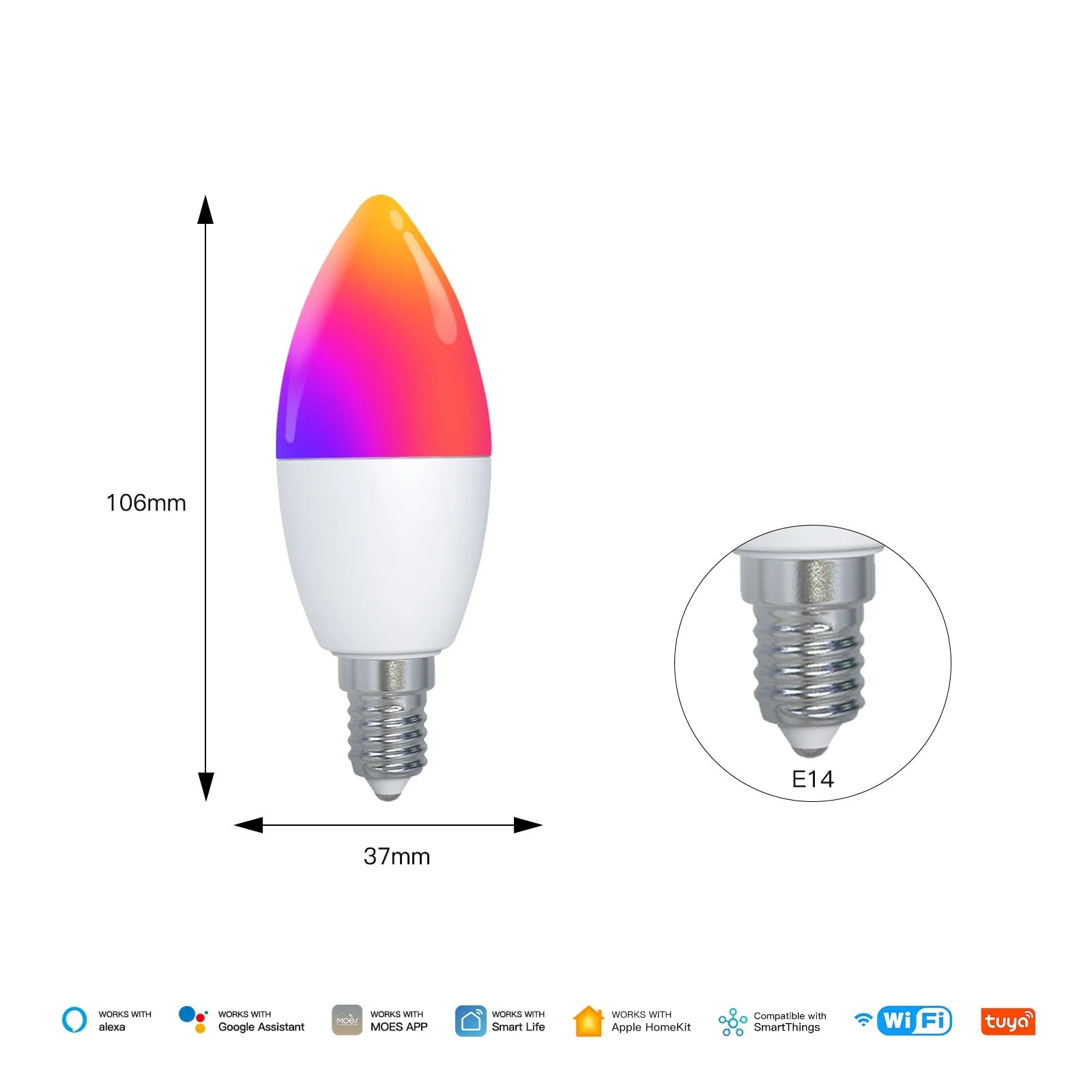 Tuya Matter WiFi Smart LED E14 Dimmable Light Bulbs 2700-6500K+RGB 7