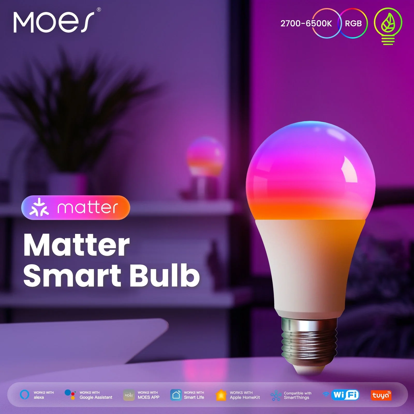 Tuya Matter WiFi Smart LED E27 Dimmable Light Bulbs RGB 2700K-6500K W+C 2