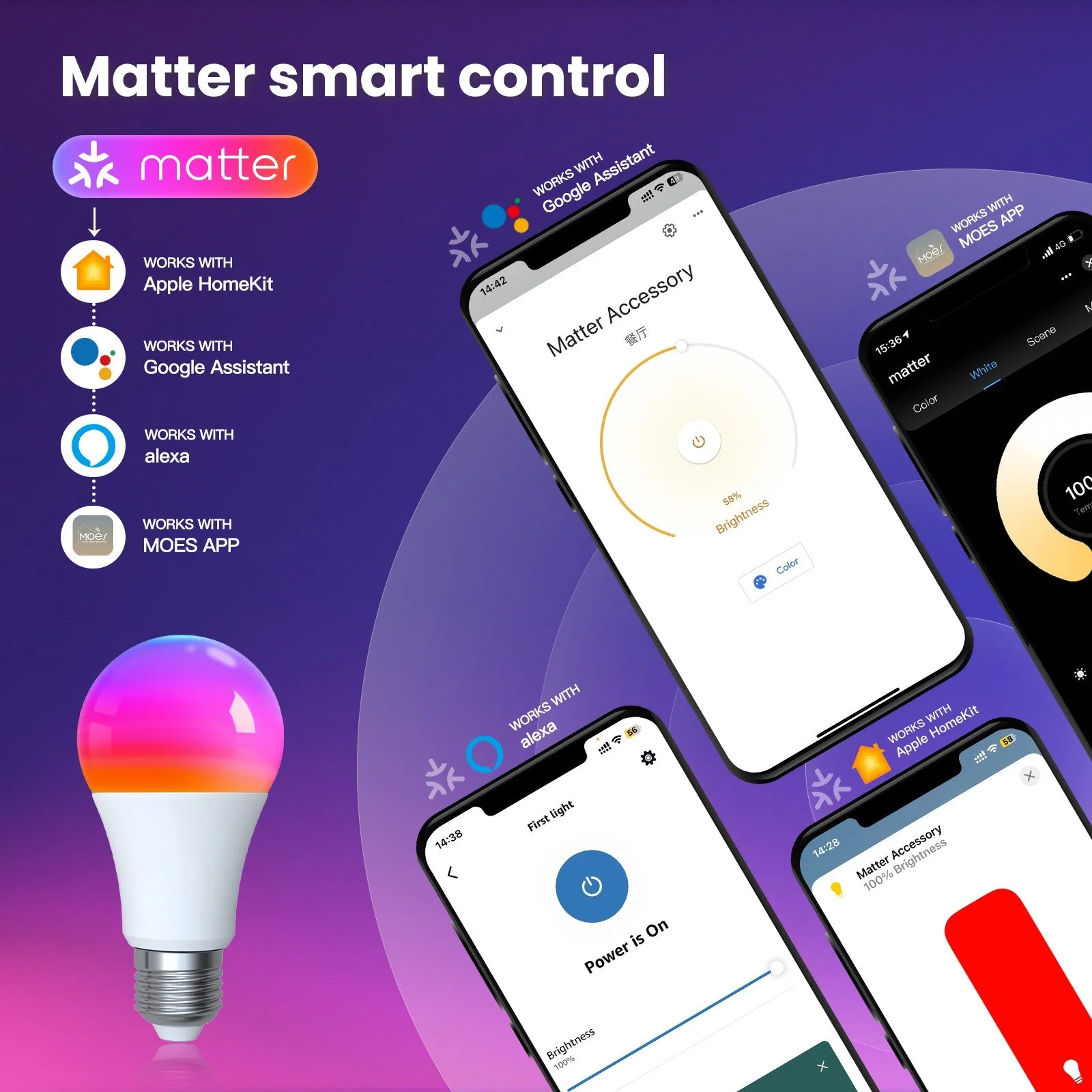 Tuya Matter WiFi Smart LED E27 Dimmable Light Bulbs RGB 2700K-6500K W+C 3