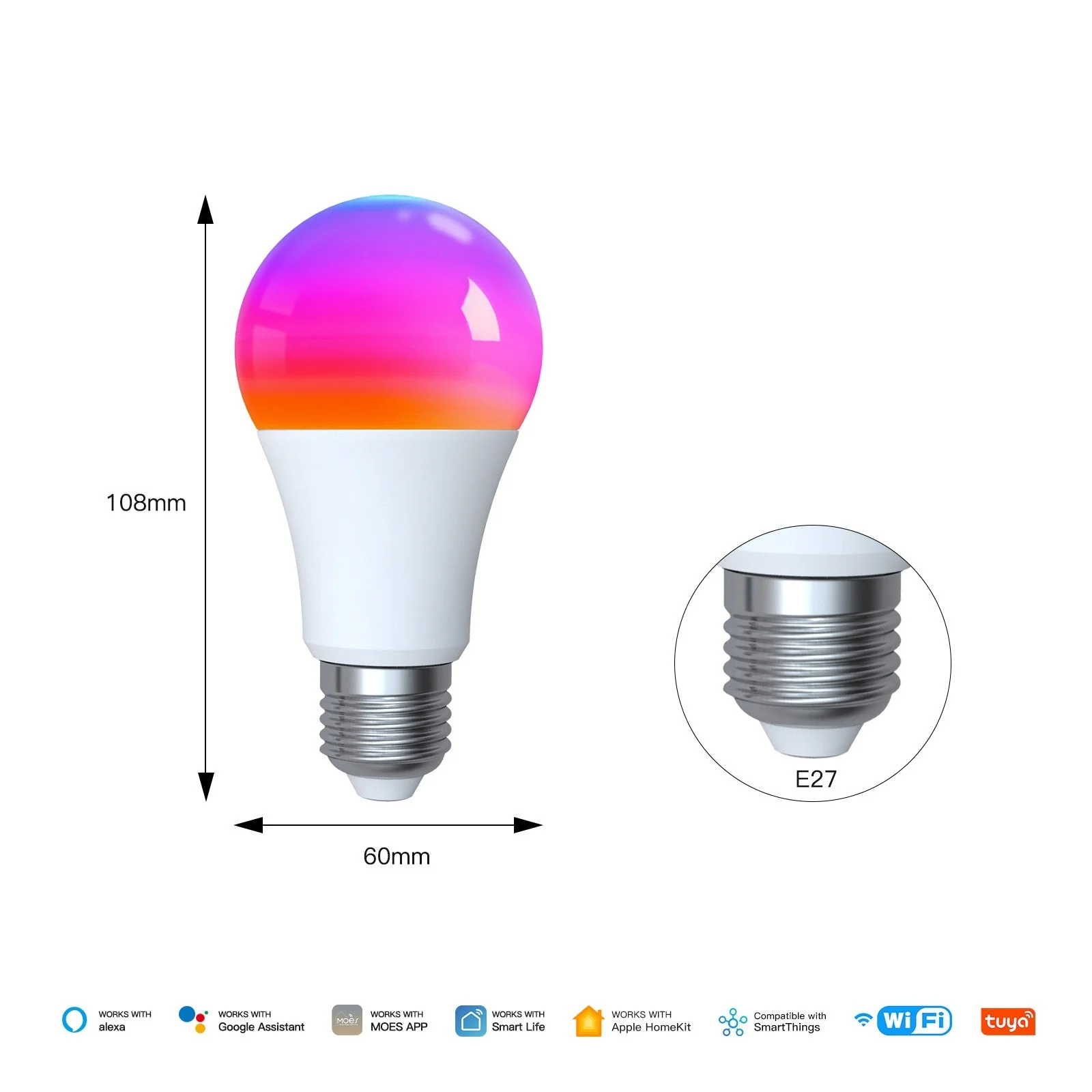 Tuya Matter WiFi Smart LED E27 Dimmable Light Bulbs RGB 2700K-6500K W+C 8