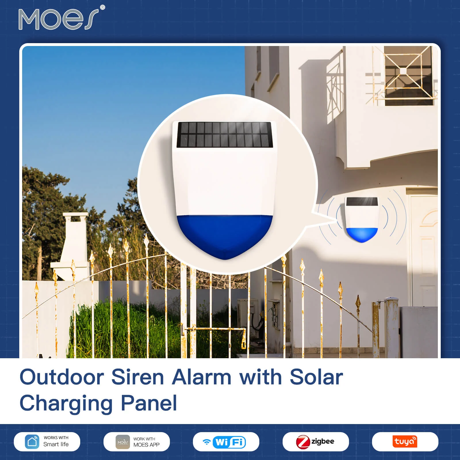 Tuya Smart Wifi/Zigbee Sound Light Siren Alarm Solar Energy Outdoor IPX5 Waterproof Tamper Alarm With Rechargeable Battery 2