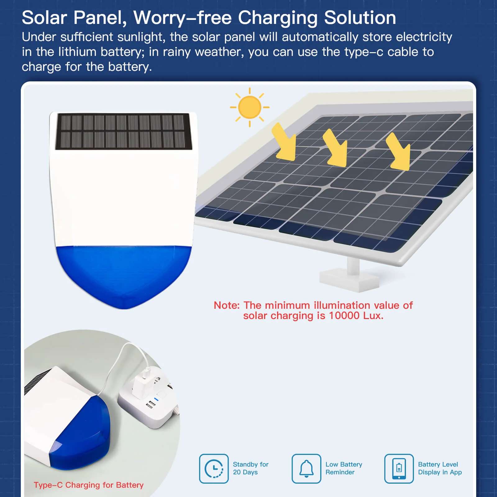Tuya Smart Wifi/Zigbee Sound Light Siren Alarm Solar Energy Outdoor IPX5 Waterproof Tamper Alarm With Rechargeable Battery 4