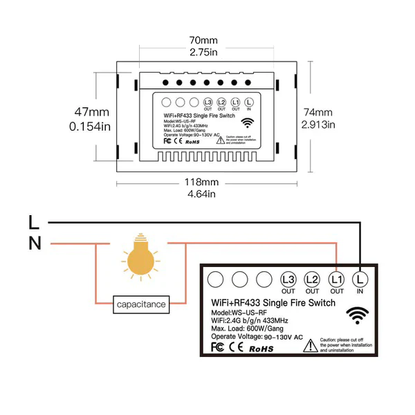 WiFi RF433 Smart Light Wall Touch Switch Single Pole No Neutral 95-130V US Standard 7