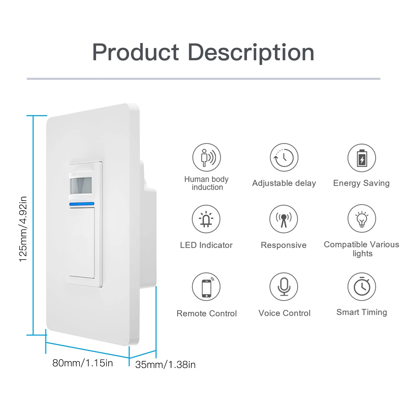 WiFi Smart Light PIR Motion Sensor Light Switch Single Pole Neutral Wire Required 110-125V 9