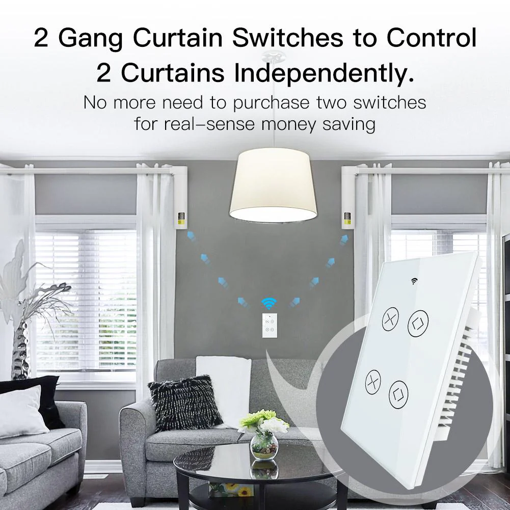 WiFi RF433 Smart Curtain 2 Gang Blind Touch Switch Single Pole Neutral Wire Required US 2