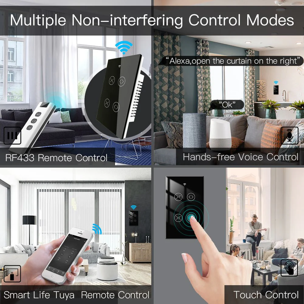 WiFi RF433 Smart Curtain 2 Gang Blind Touch Switch Single Pole Neutral Wire Required US 3