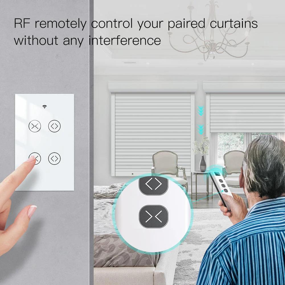 WiFi RF433 Smart Curtain 2 Gang Blind Touch Switch Single Pole Neutral Wire Required US 4
