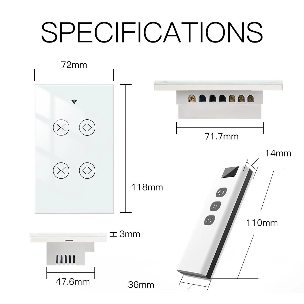 WiFi RF433 Smart Curtain 2 Gang Blind Touch Switch Single Pole Neutral Wire Required US 7