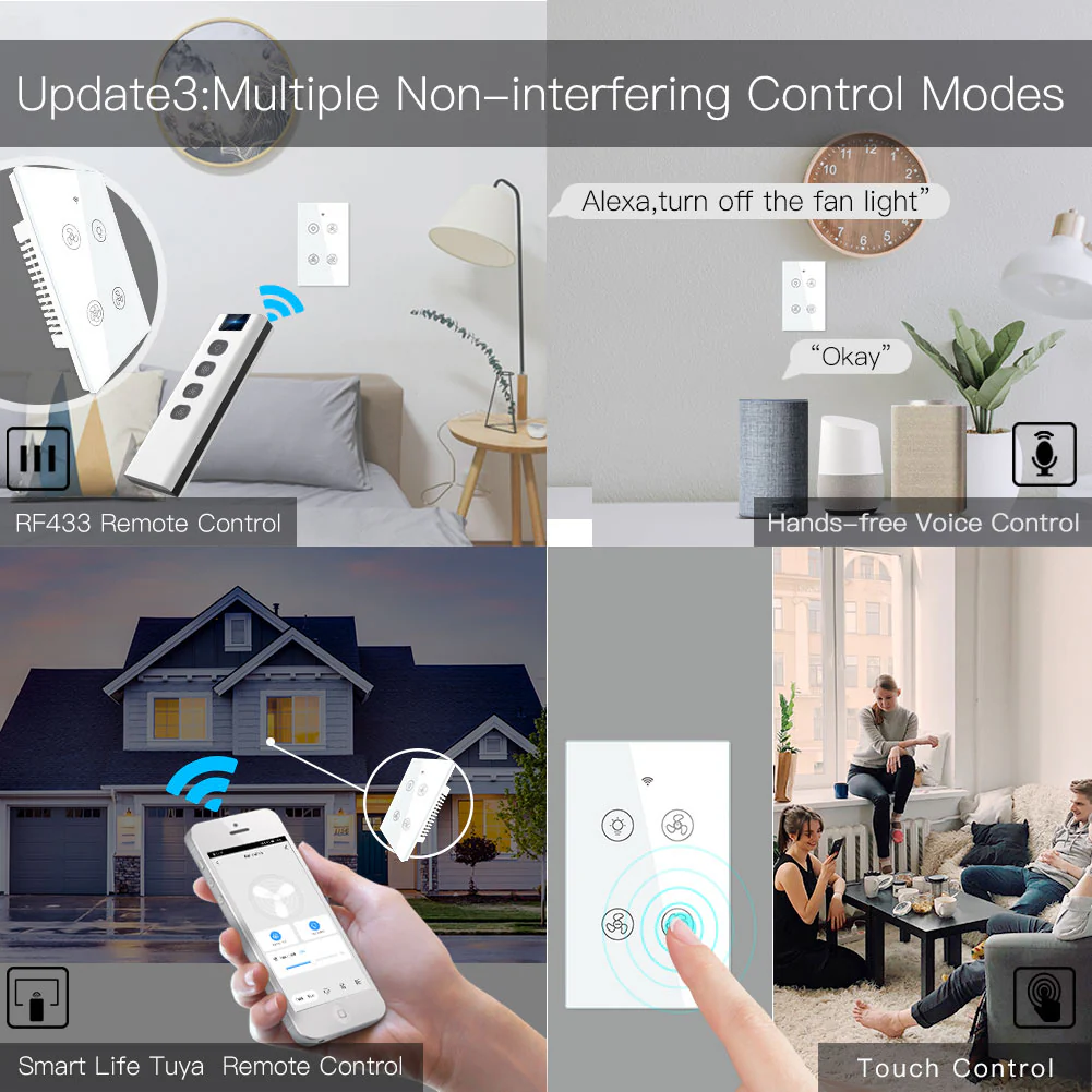 WiFi RF433 Smart Ceiling Fan Light Touch Switch Single Pole Neutral Wire Required US 5