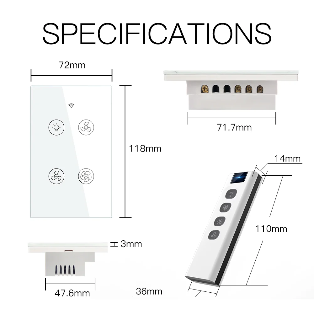 WiFi RF433 Smart Ceiling Fan Light Touch Switch Single Pole Neutral Wire Required US 7