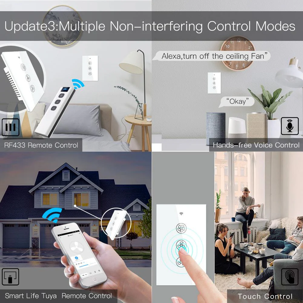 WiFi RF433 Smart Ceiling Fan Touch Switch Single Pole Neutral Wire Required US 4