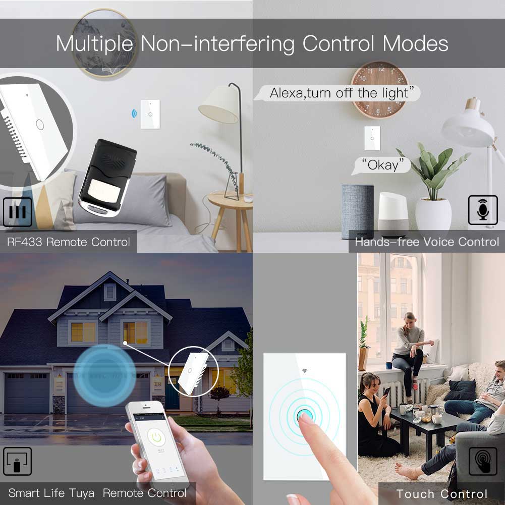 WiFi RF433 Smart Light Wall Touch Switch Single Pole 1/2/3/4 Gang US 220V 5