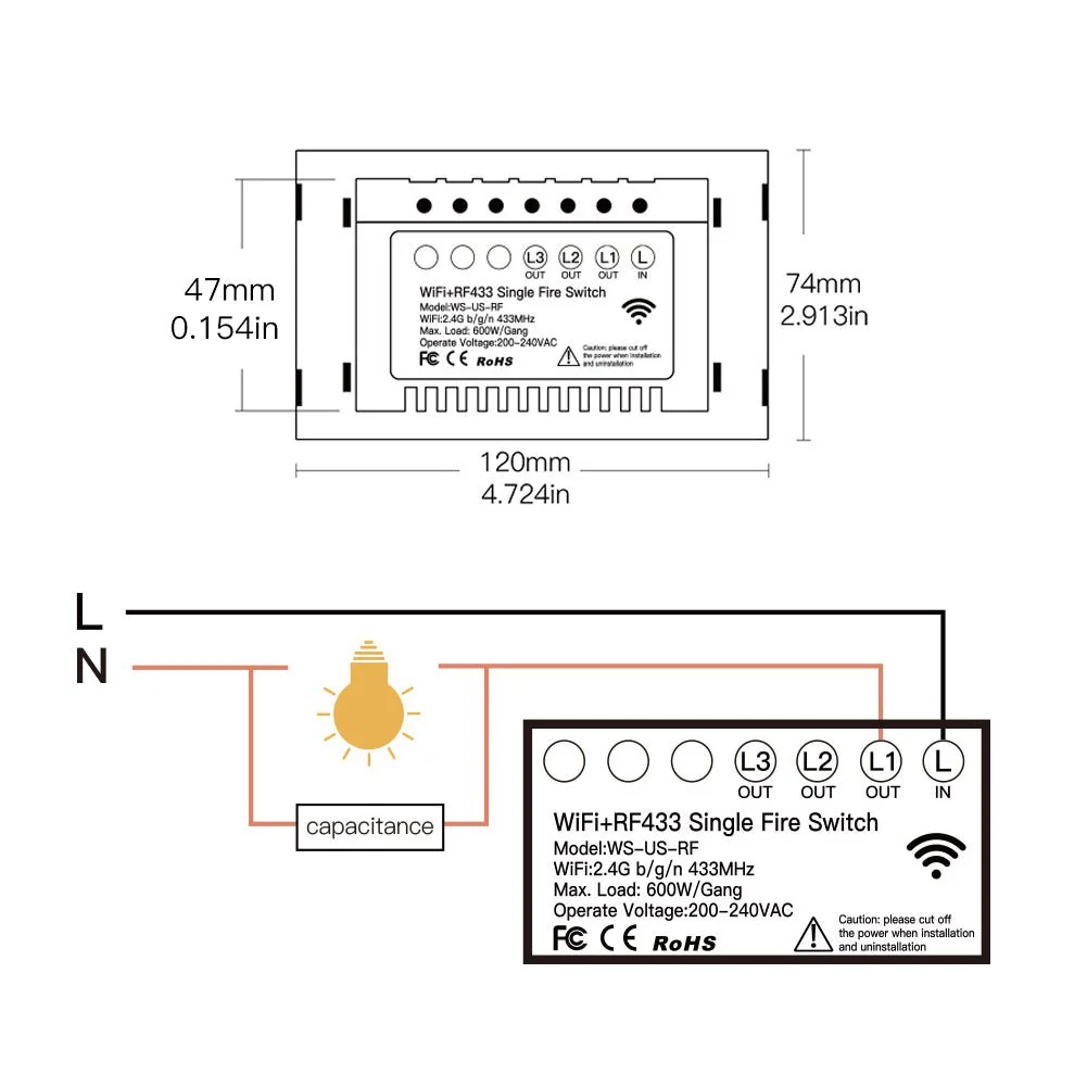 WiFi RF433 Smart Light Wall Touch Switch Single Pole 1/2/3/4 Gang US 220V 6