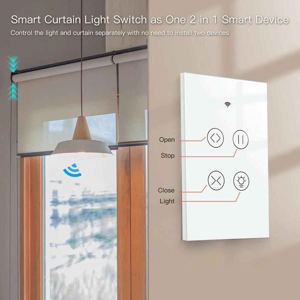 WiFi Curtain Light Switch RF433 Smart Glass Panel Curtain Light Touch Switch Single Pole Neutral Wire Required US 5