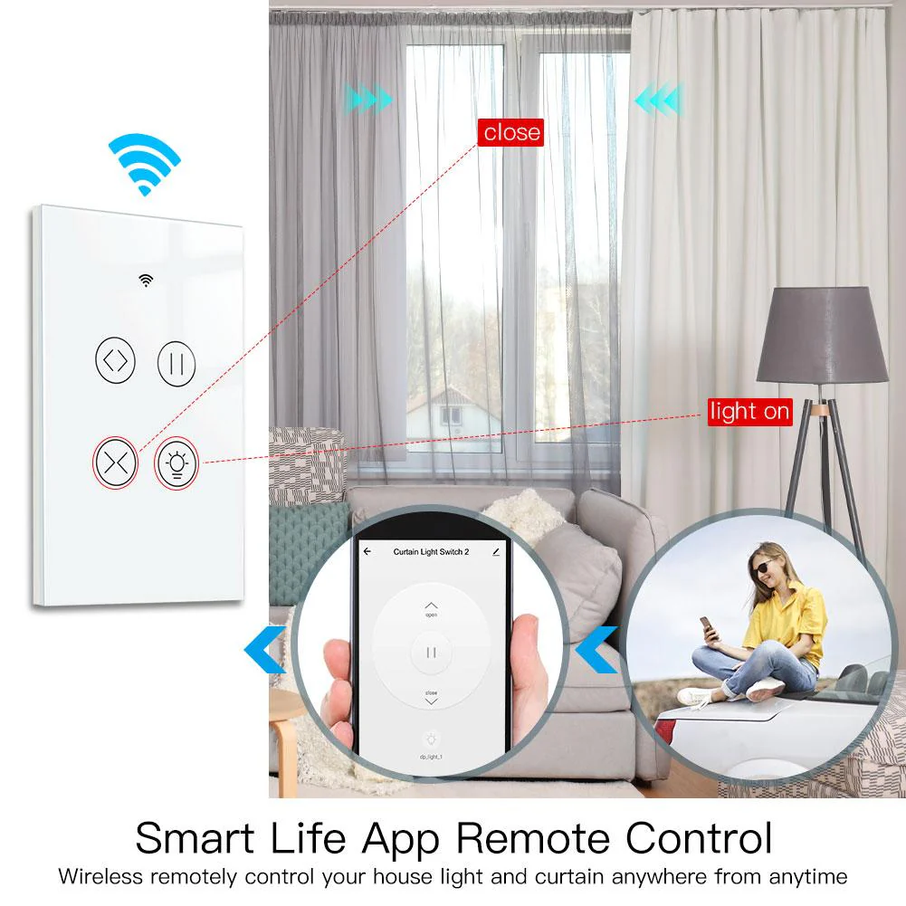 WiFi Curtain Light Switch RF433 Smart Glass Panel Curtain Light Touch Switch Single Pole Neutral Wire Required US 6