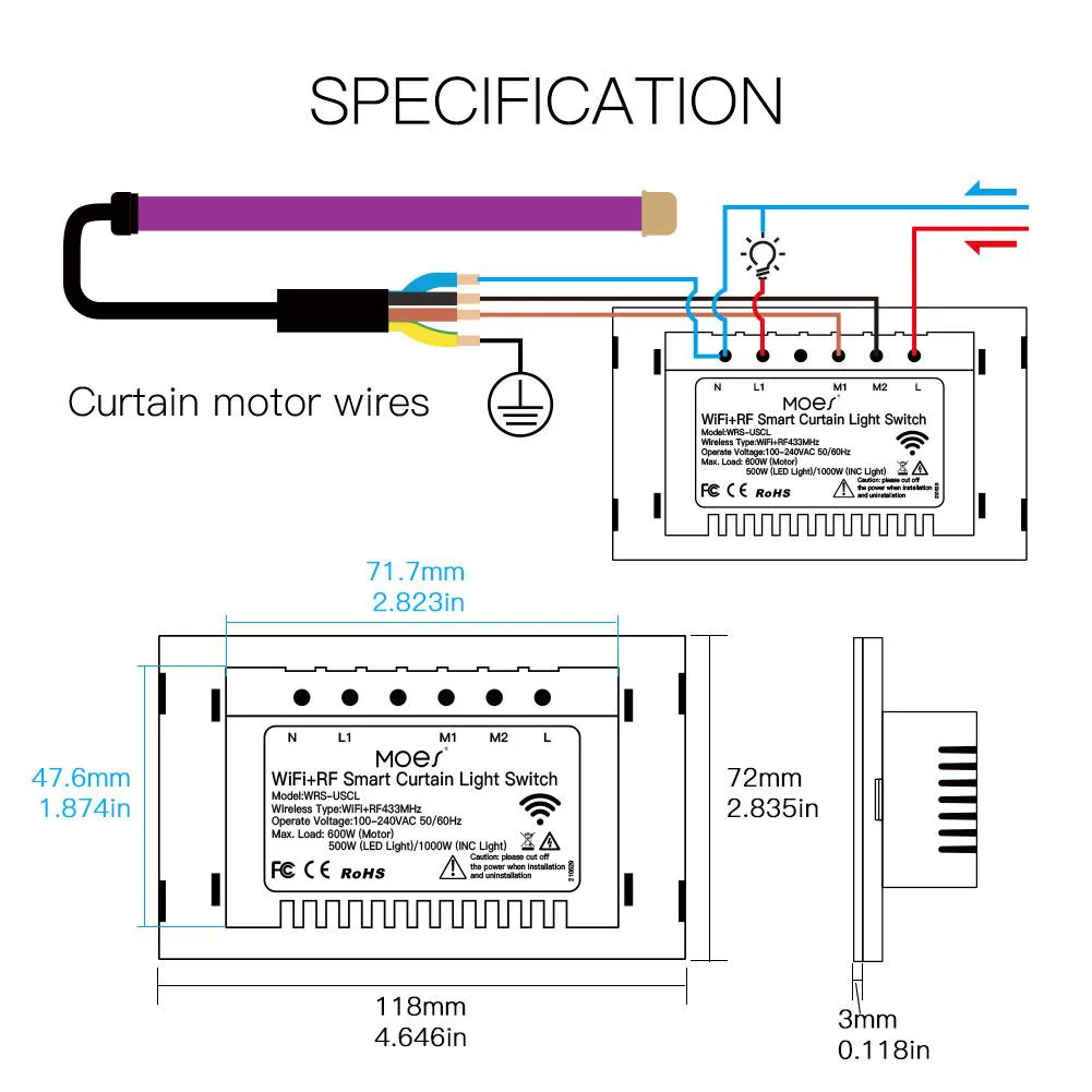 WiFi Curtain Light Switch RF433 Smart Glass Panel Curtain Light Touch Switch Single Pole Neutral Wire Required US 7